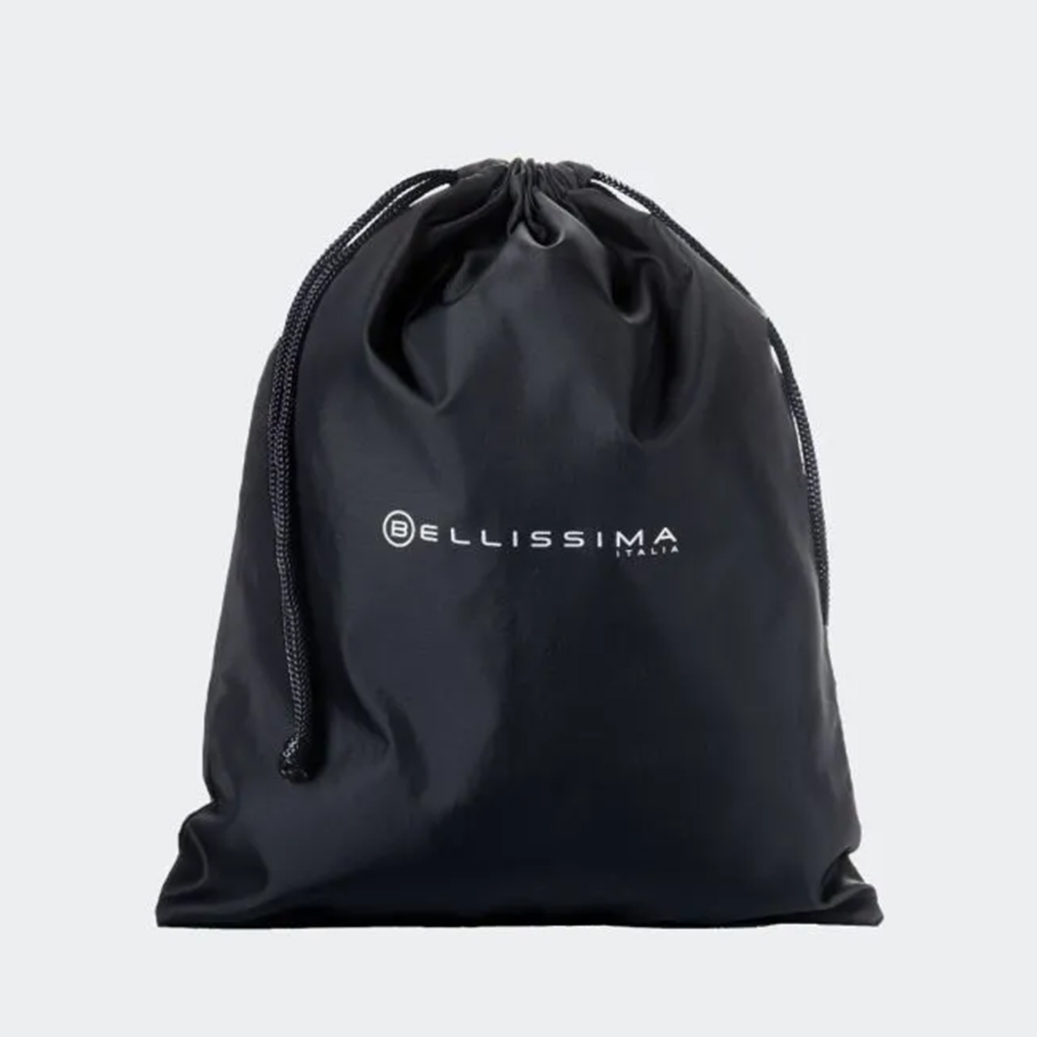 Borsa nera con chiusura a coulisse. La borsa riporta la scritta 'Bellissima Italia'.