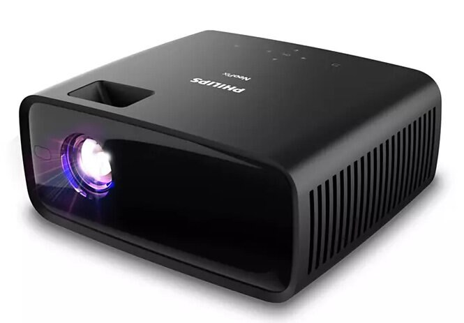Czarny projektor Philips NeoPix z jasną wiązką światła na białym tle.