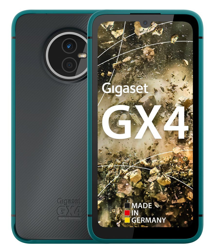 Smartfon Gigaset GX4. Czarny telefon z turkusowymi akcentami. Posiada konfigurację z dwoma aparatami. Białe tło.