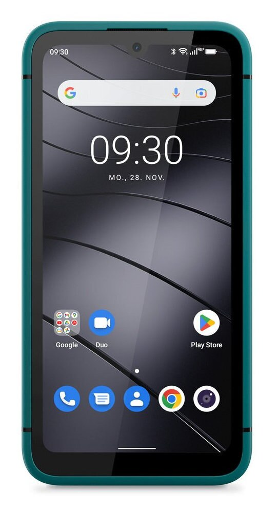 Turkusowy smartfon z czarnym ekranem wyświetlającym godzinę i ikony aplikacji.