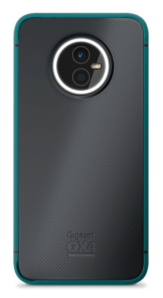 Tył czarnego smartfona z turkusową obwódką. Podwójny aparat z białym pierścieniem wokół obiektywów.