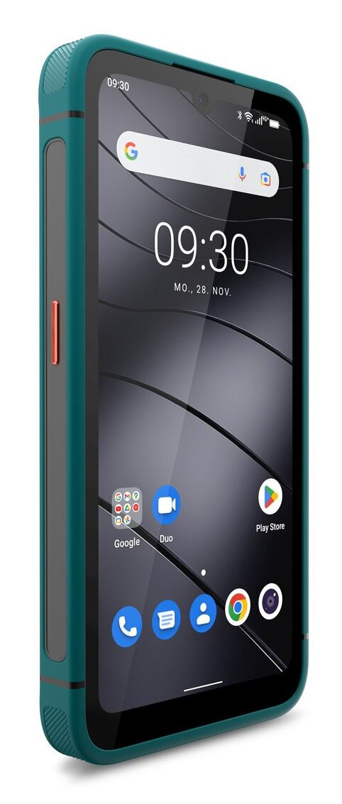 Turkusowy smartfon na białym tle. Pokazuje aplikacje na ekranie.