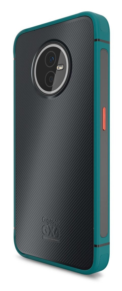 Turkusowo-czarne etui na telefon. Etui ma obiektyw aparatu i czerwony przycisk z boku.