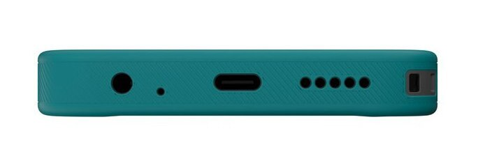 Spód telefonu w kolorze morskim: gniazdo słuchawkowe, mikrofon, port USB-C i pięć małych otworów.