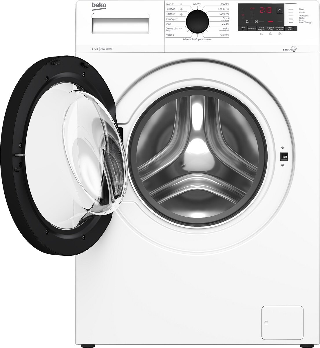 Biała pralka z otwartymi drzwiami.