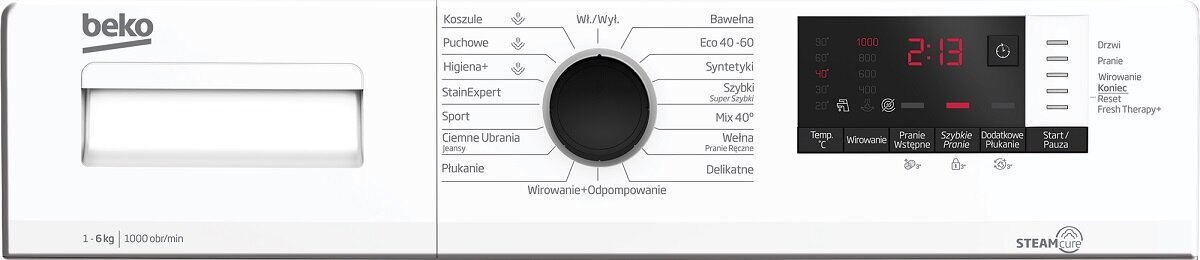 Zbliżenie panelu sterowania pralki Beko z opcjami programów i ustawień.