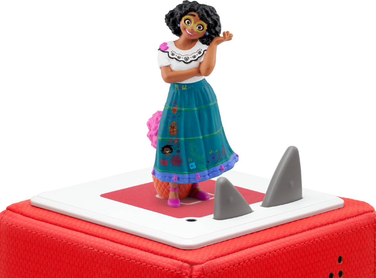 Mirabel-Figur auf rotem Ständer, mit zwei grauen Formen auf der Basis.
