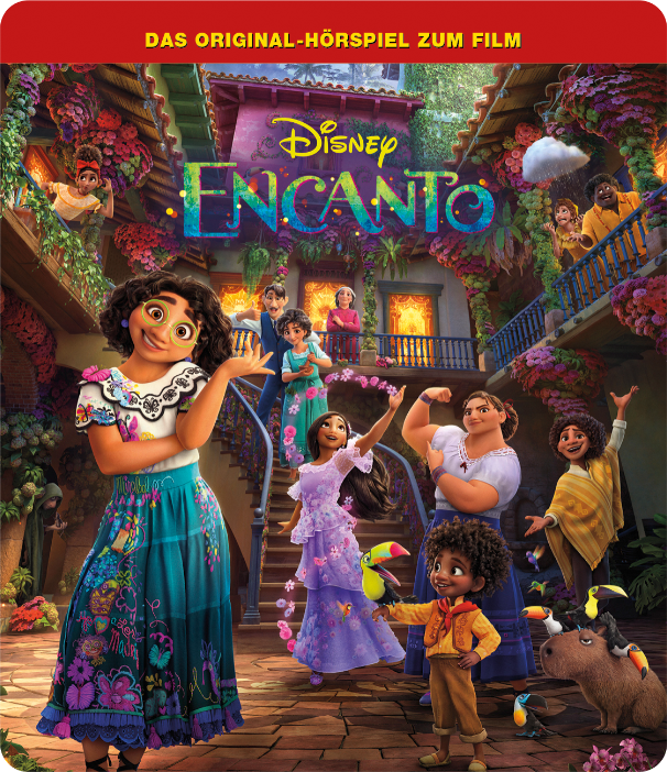 Encanto-Filmplakat mit Charakteren in bunten Outfits.