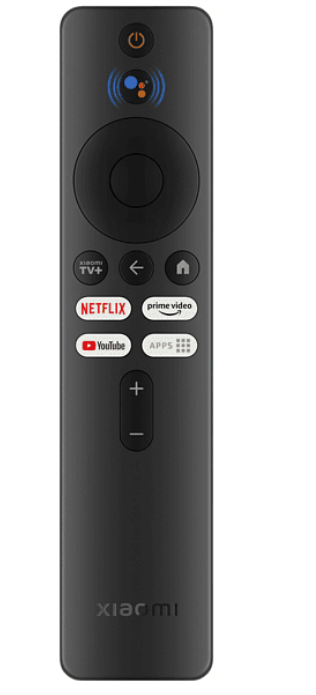 Siyah Xiaomi TV uzaktan kumandası, sesli asistan dahil olmak üzere birkaç düğmeyle.
