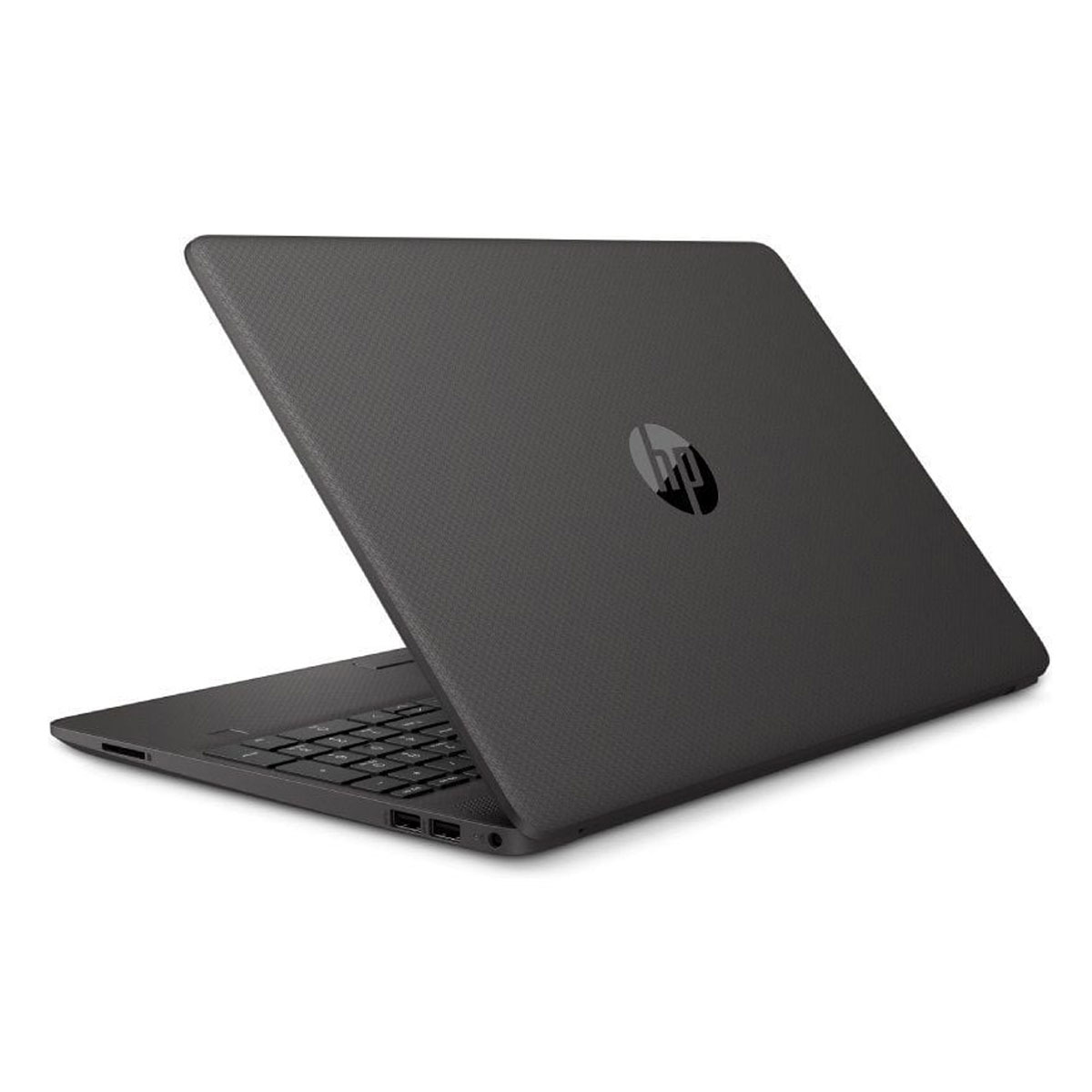 Ordenador portátil gris oscuro, vista trasera, con el logotipo de HP visible.