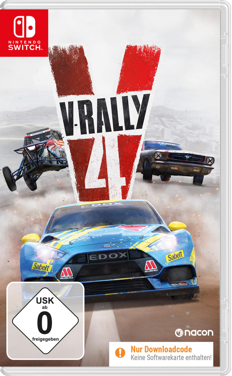 Nintendo Switch Spielbox für V-Rally 4, mit Autos und Spiel-Logo.
