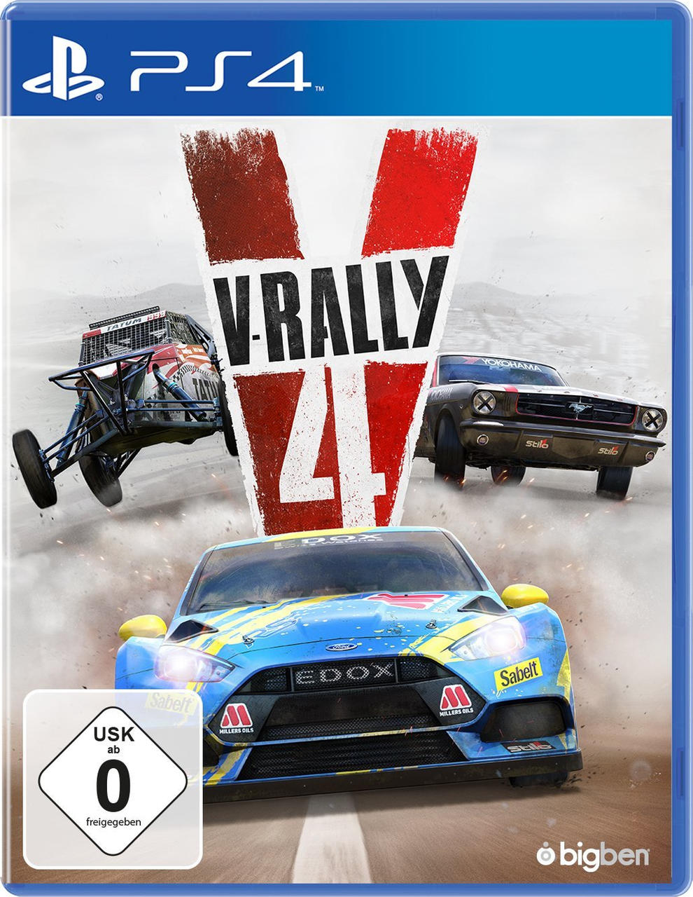 PS4-Spielcover von V-Rally 4. Rennwagen in Aktion. Der Hintergrund ist hellblau.