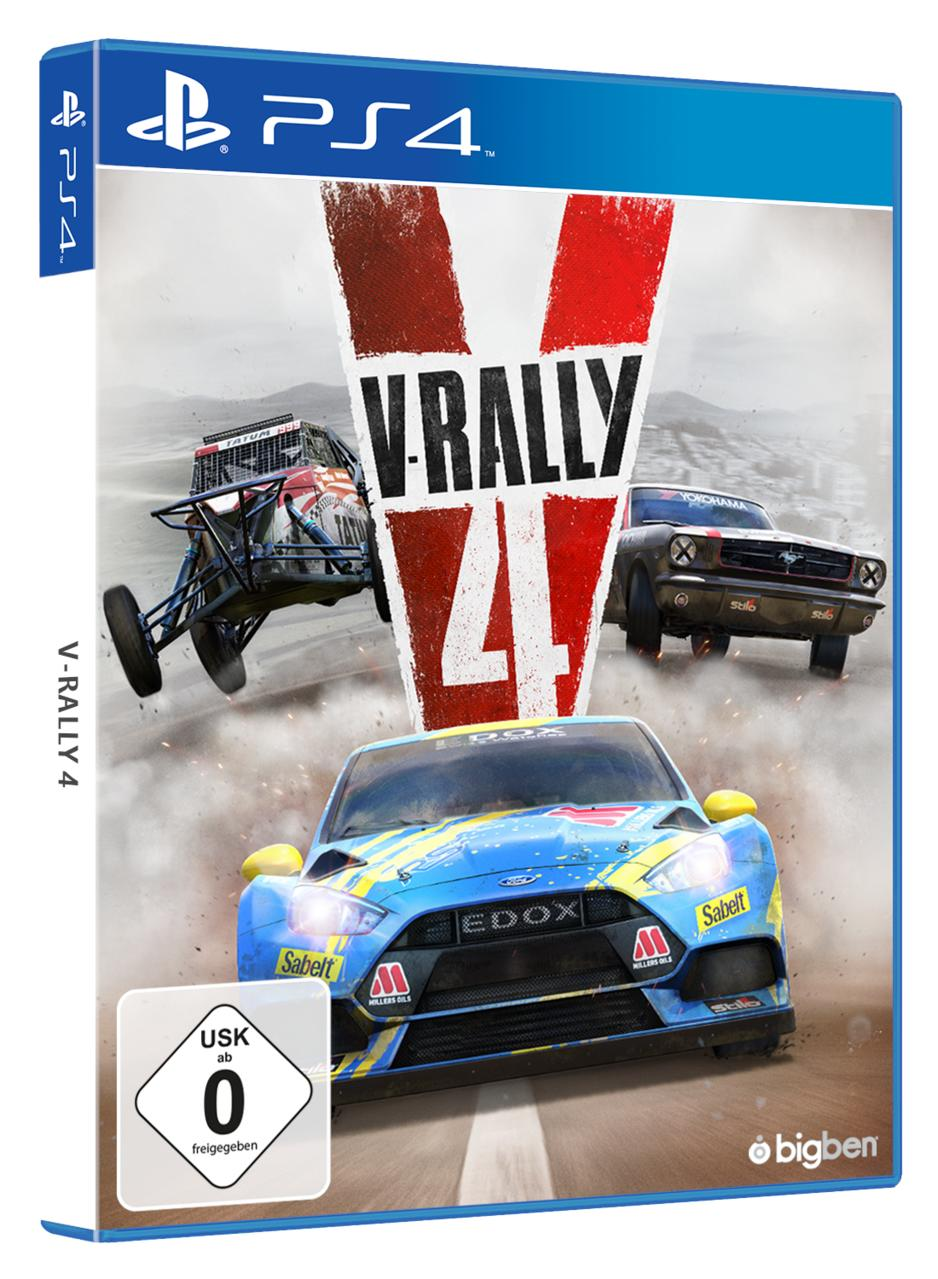 V-Rally 4 PS4-Spielhülle mit einem Rennwagen auf dem Cover.