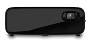 Czarny projektor z obiektywem i błyszczącym wykończeniem, przeznaczony do wyświetlania obrazów.