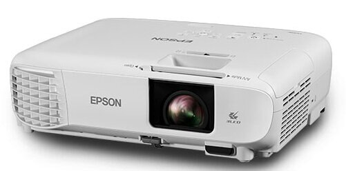 Biały projektor EPSON. Czarny obiektyw. Widok z boku. Na białym tle.