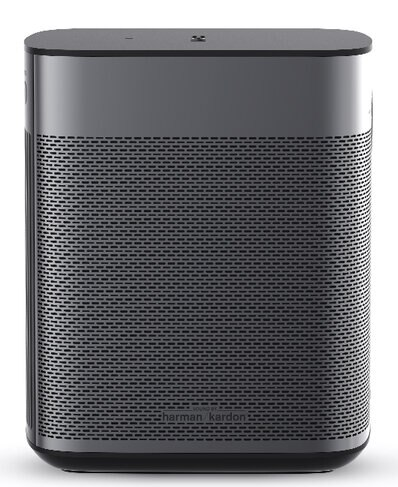 Srebrny głośnik z perforowanym przodem i czarną podstawą.