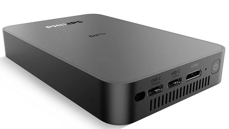 Czarne prostokątne urządzenie z portami USB i HDMI, oznaczone jako 'PHILIPS GoPix'.