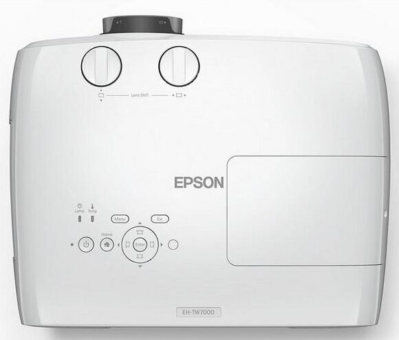 Biały projektor Epson z przyciskami sterującymi i nazwą modelu EH-TW7000.