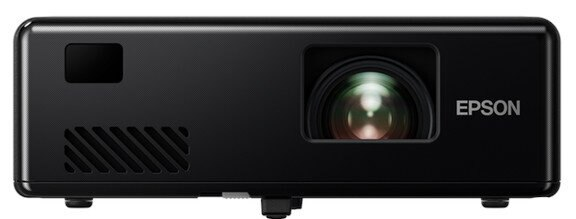 Czarny projektor Epson, z obiektywem i przyciskiem zasilania, na białej powierzchni.