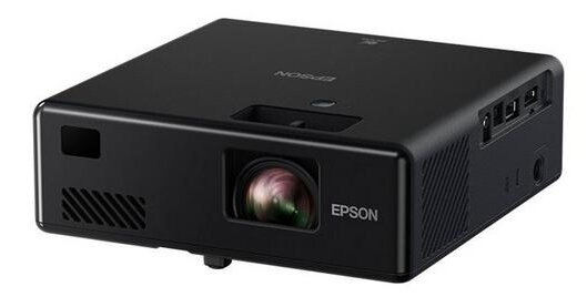 Czarny projektor Epson z obiektywem i portami, stojący na białej powierzchni.