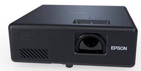 Czarny projektor Epson z obiektywem i logo Epson.