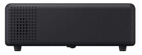 Czarne urządzenie elektroniczne z zaokrąglonymi krawędziami i otworami wentylacyjnymi, na białym tle.