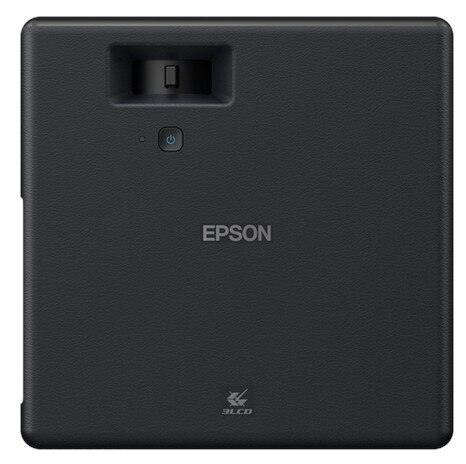 Czarny projektor Epson z przyciskiem zasilania i logo Epson.