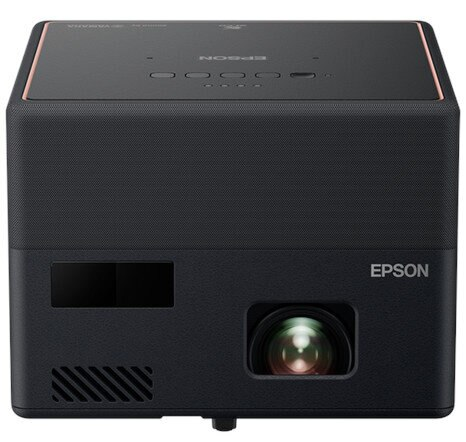 Czarny projektor Epson ze złotą różową obwódką, przednim obiektywem i wentylacją. Logo Epson widoczne.
