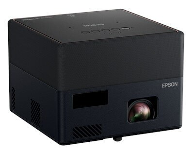 Czarny projektor Epson, o prostokątnym kształcie i obiektywie z przodu.