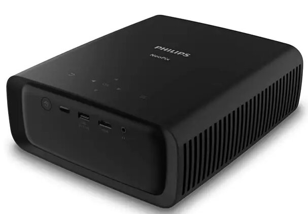 Czarny projektor Philips z przyciskami i portami na białej powierzchni.