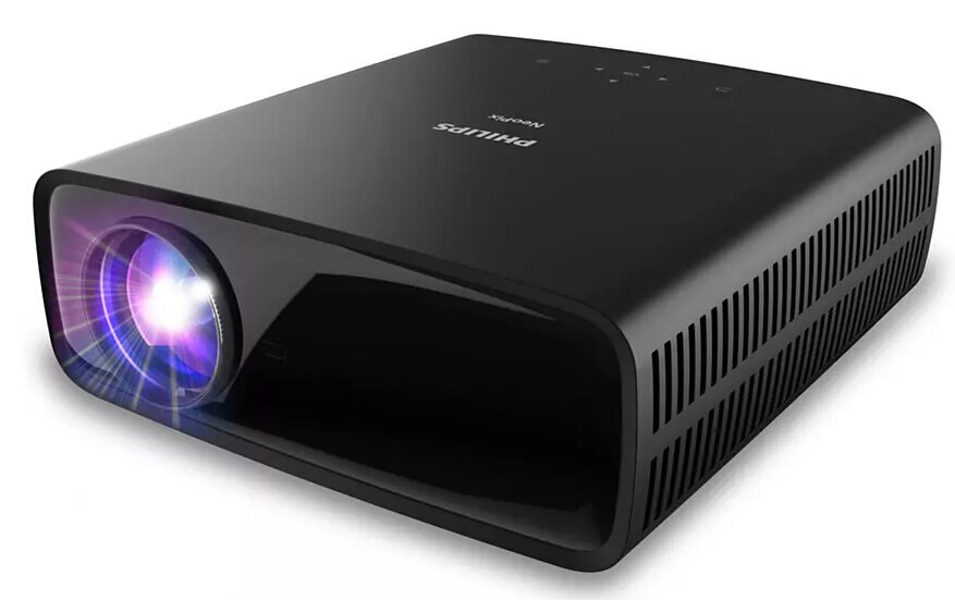 Pokazano czarny projektor Philips NeoPix, z jasnym światłem wychodzącym z obiektywu.