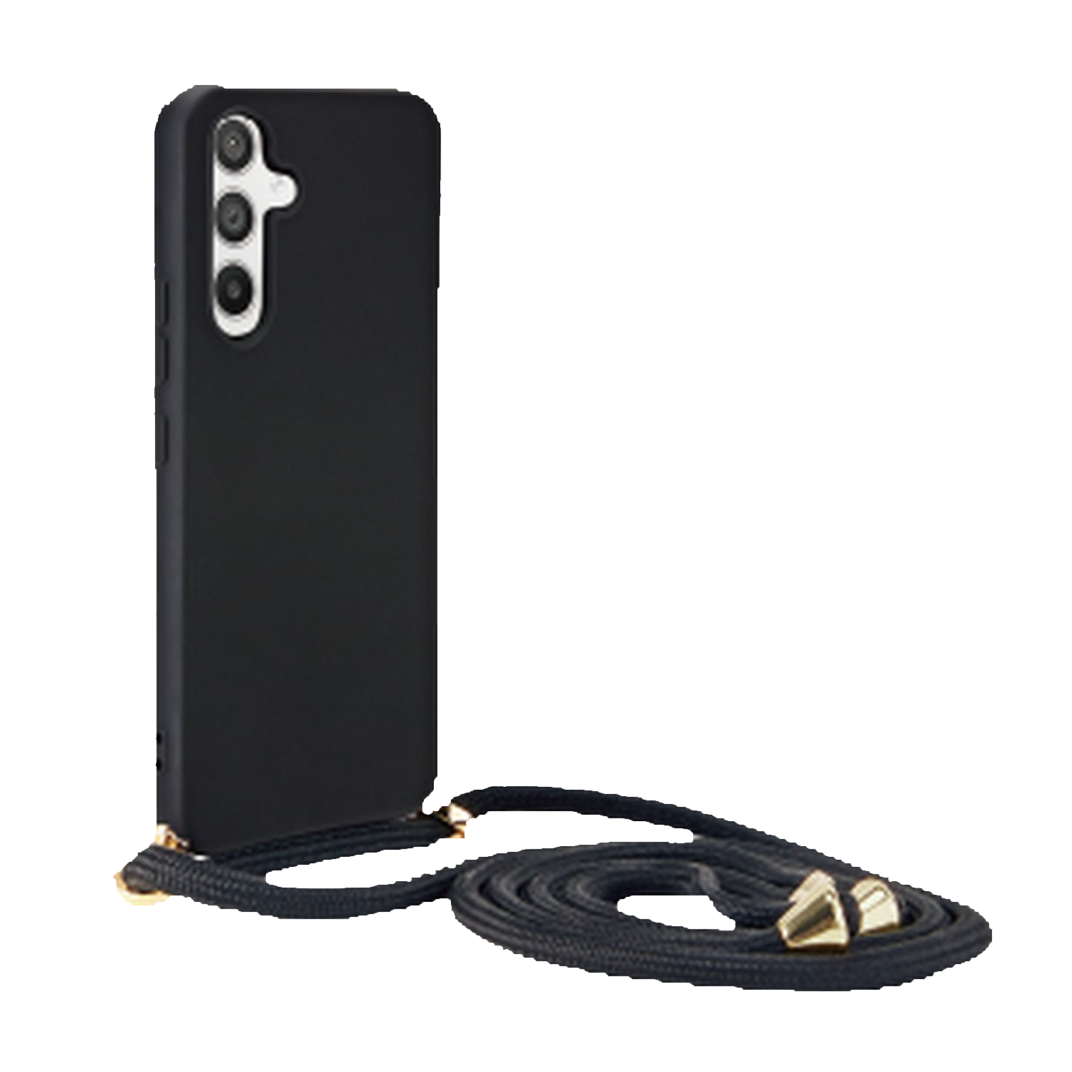 Coque de téléphone noire avec cordon, montrant l'arrière avec la caméra et la sangle.
