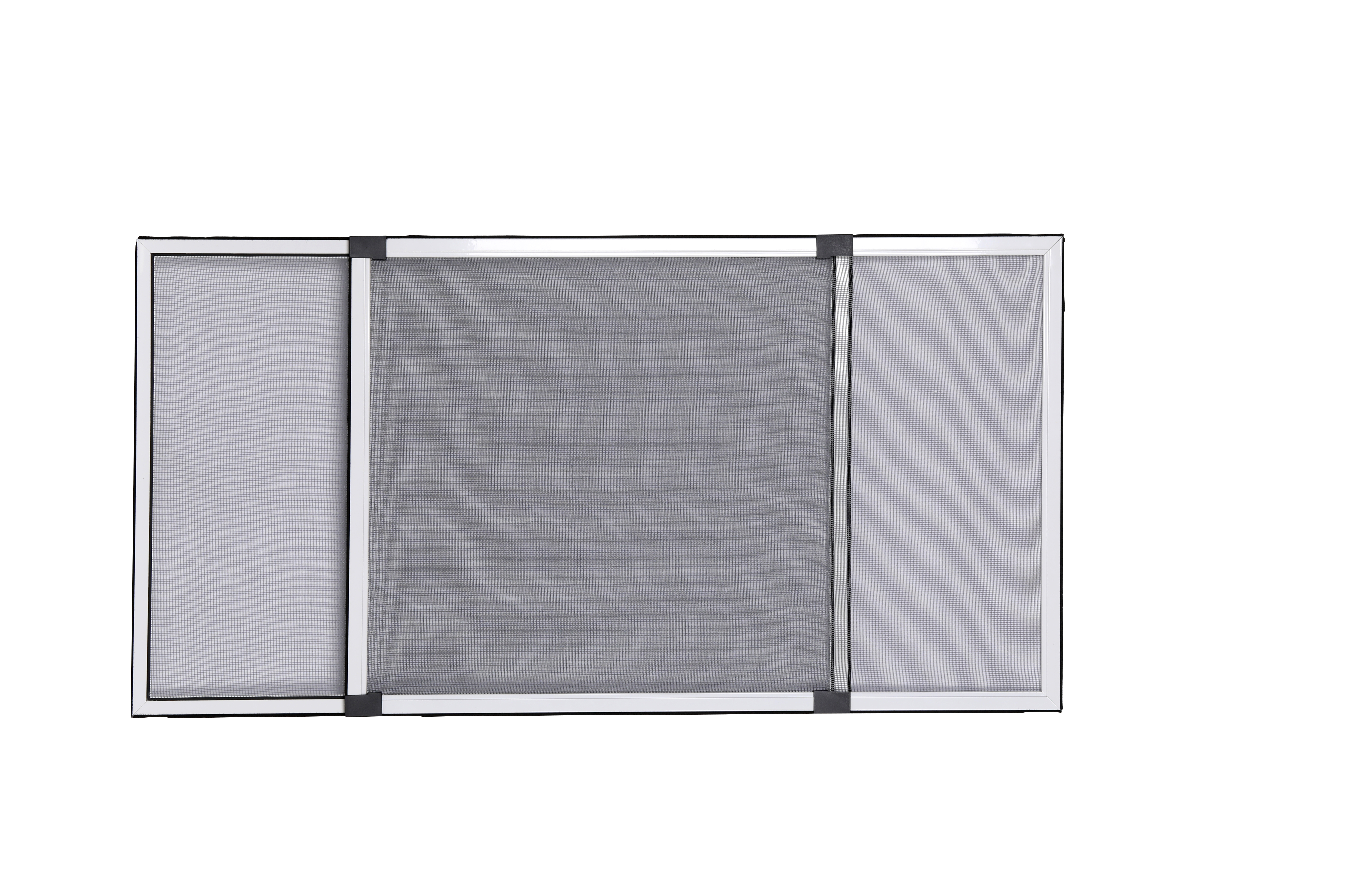 Pantalla de ventana de tres paneles, marco plateado, malla. Muestra los paneles.