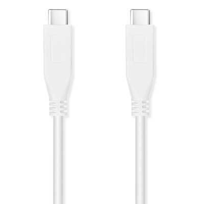 Dos cables USB-C blancos, uno al lado del otro, sobre un fondo blanco.