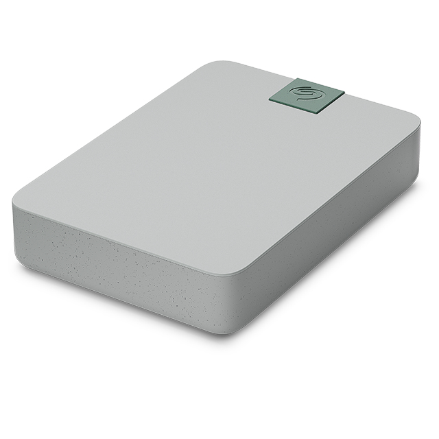 Un disco duro portátil gris con un logo verde, sobre un fondo blanco.