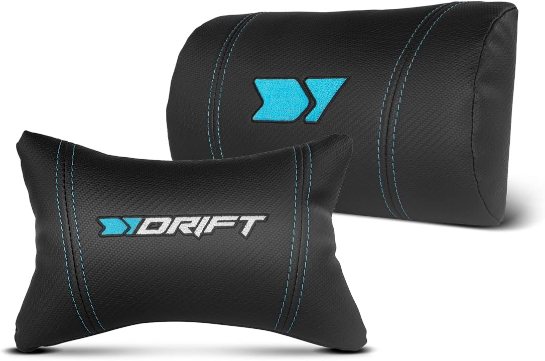 Reposacabezas de coche negros con un logotipo azul DRIFT.