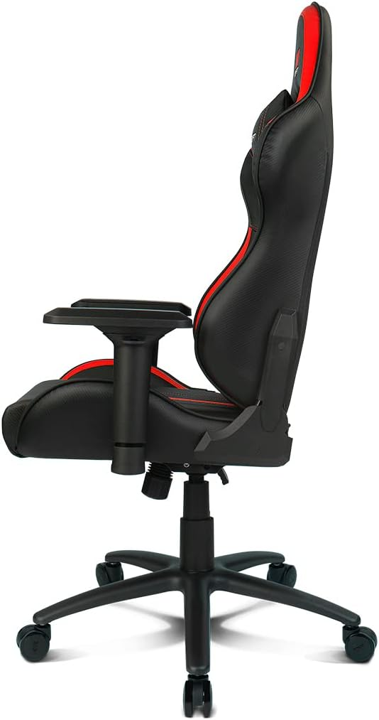 Silla gaming negra y roja, vista lateral, con reposabrazos y ruedas.
