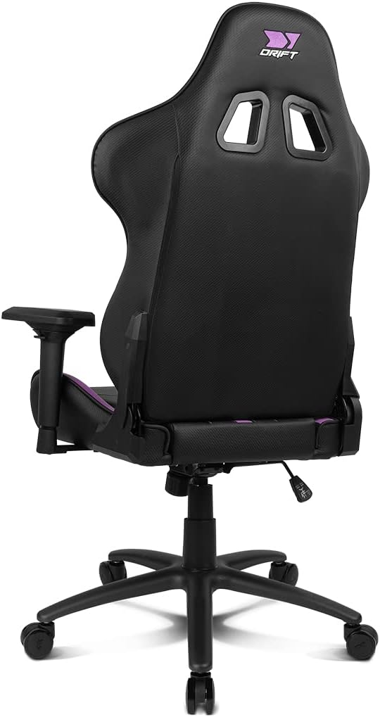 Parte trasera de una silla gaming negra con detalles morados y el logo Drift arriba.