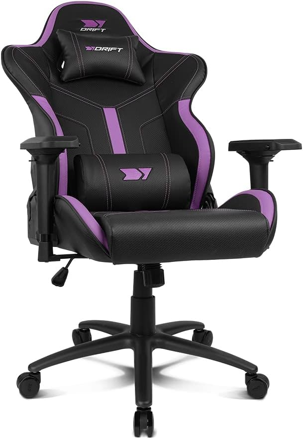 Silla gaming negra y morada con reposacabezas, soporte lumbar y reposabrazos.