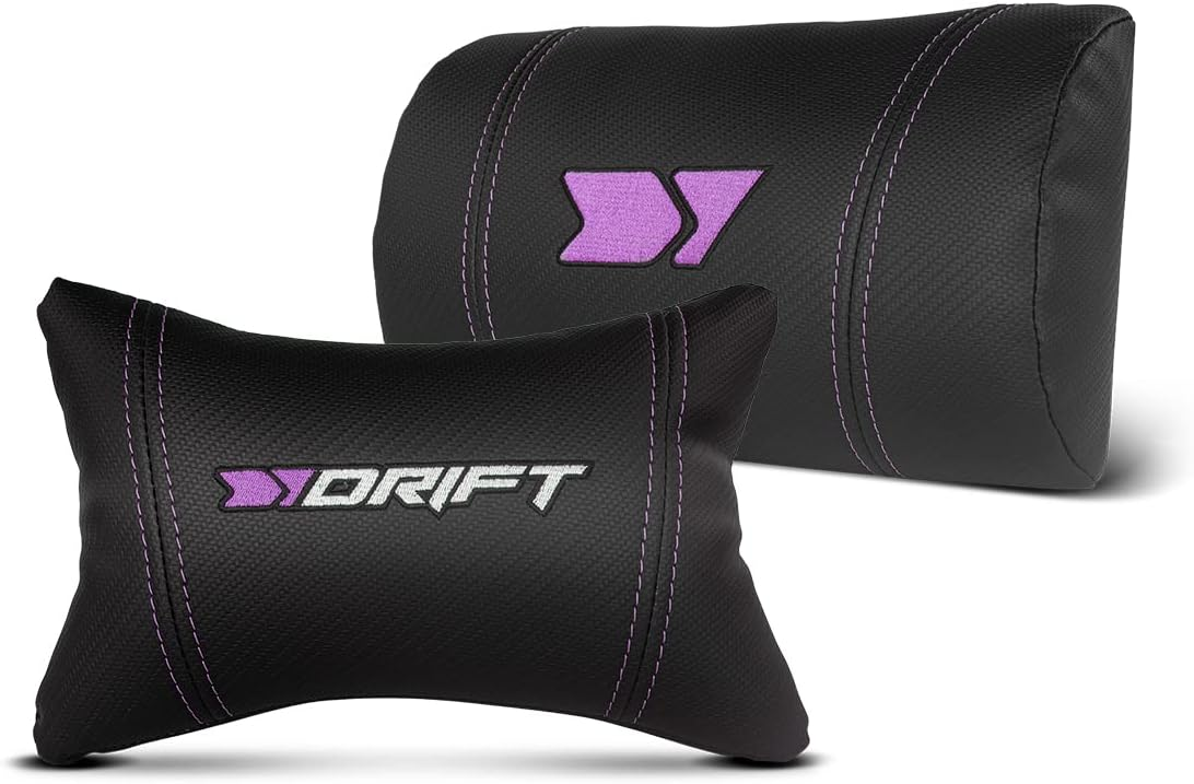 Dos almohadas negras con logotipos. Una dice DRIFT. La otra tiene un logotipo de flecha.