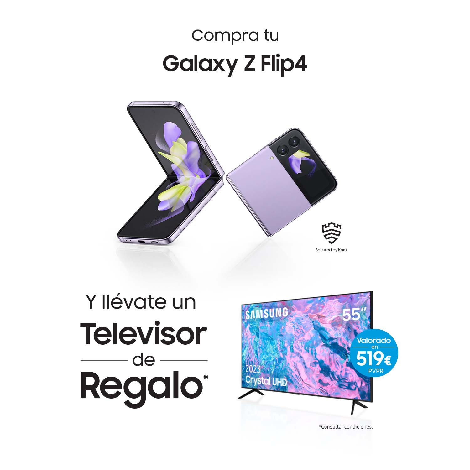 Promoción: Galaxy Z Flip4, un teléfono plegable, con oferta de TV en español.