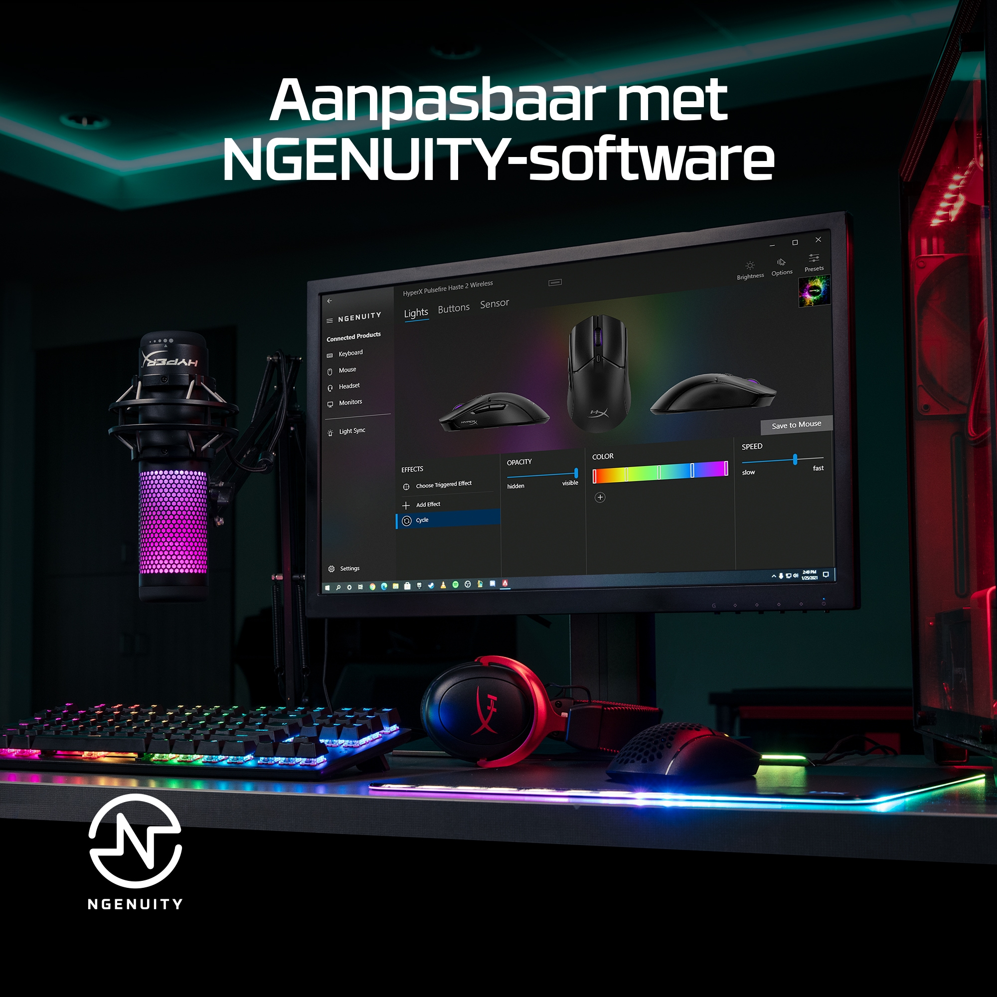 A gaming setup with a monitor, keyboard, mouse, microphone, and headset. The software is displayed.
