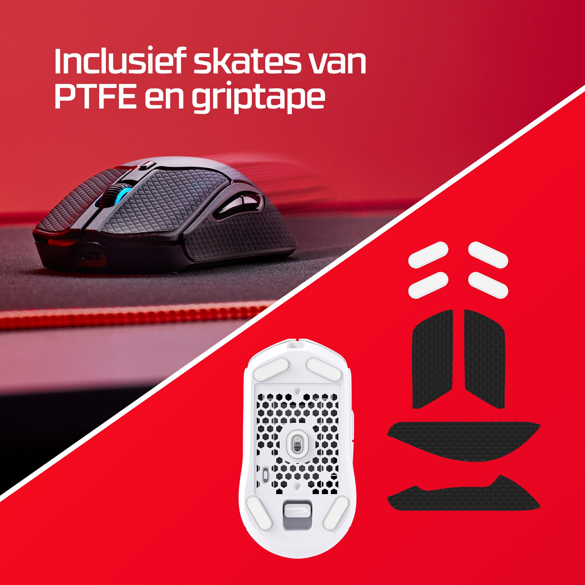 Black mouse with grip tape and skates, white underside. Red background with text.