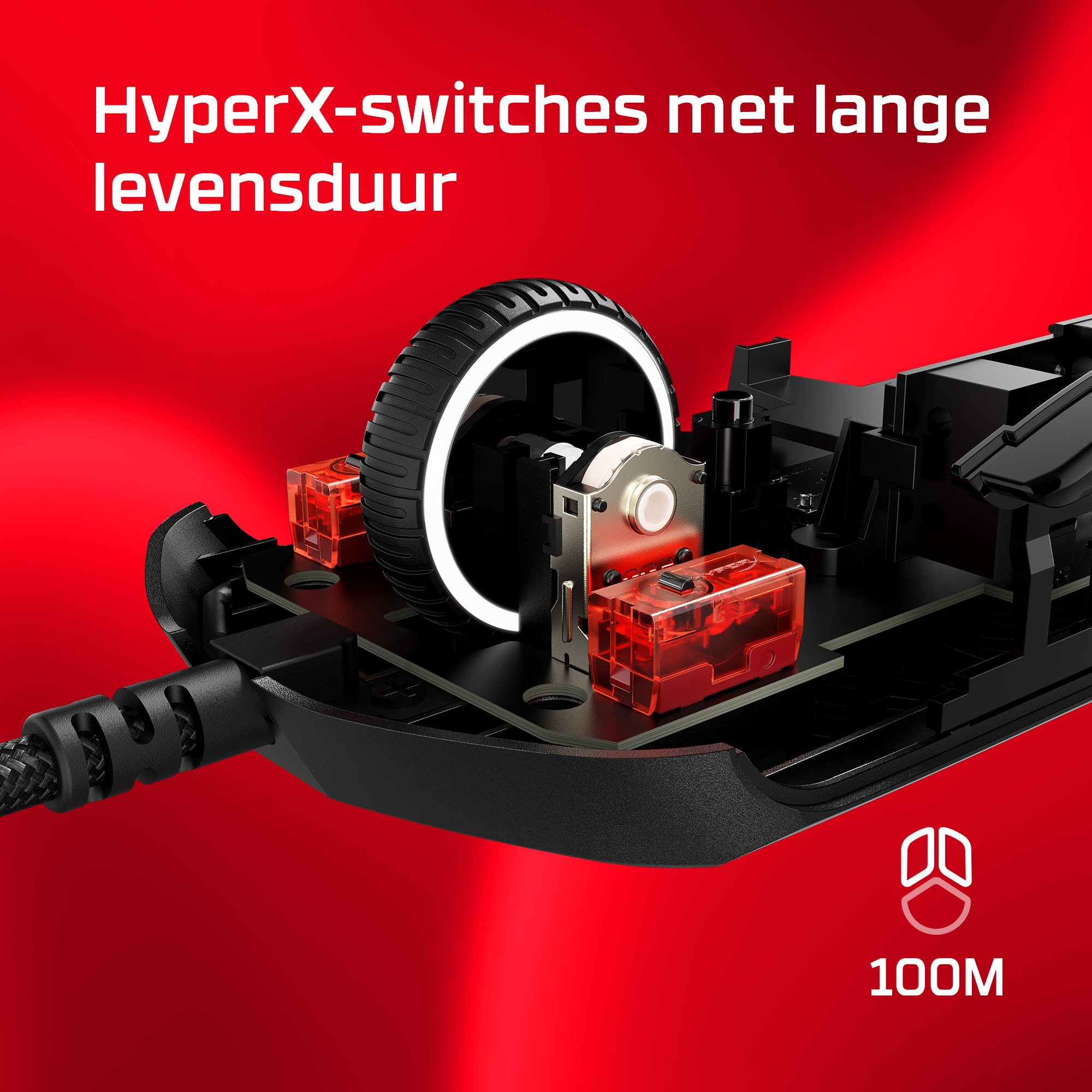 Internal view of a gaming mouse showing switches, wheel, and red accents.