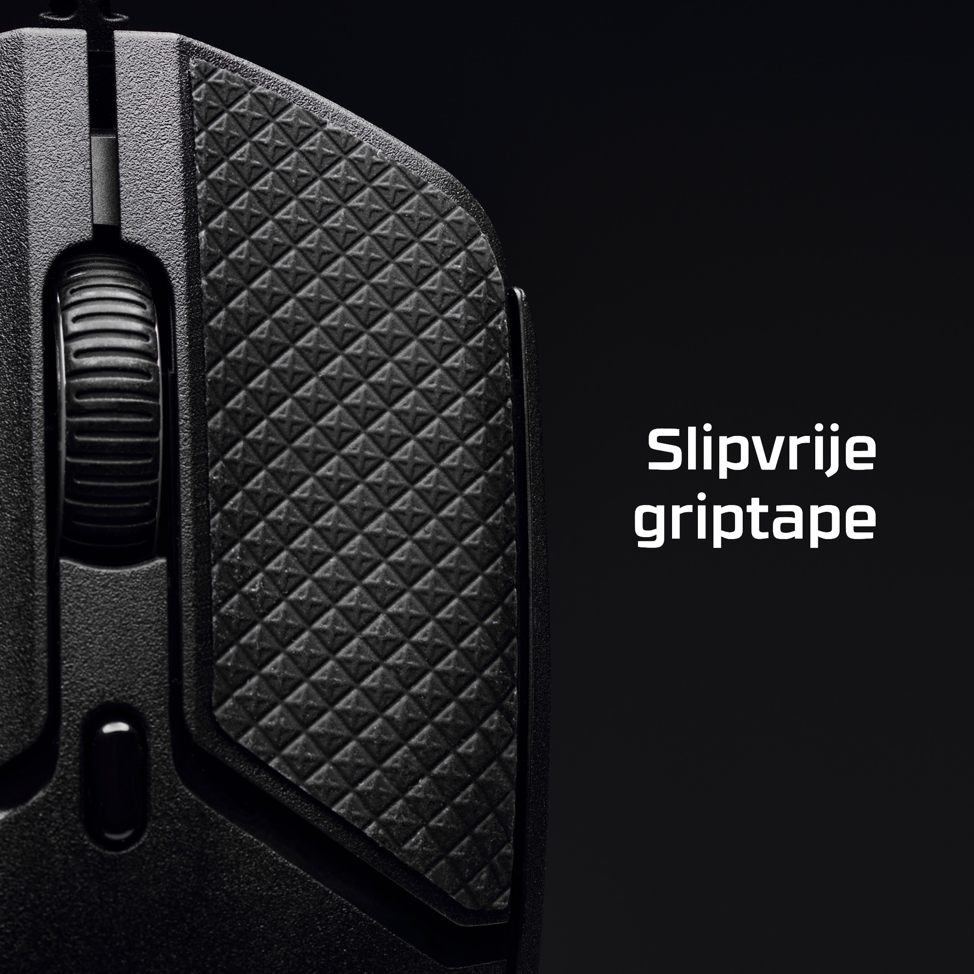 Close-up of a black gaming mouse with textured grip tape on the side, on a black background.