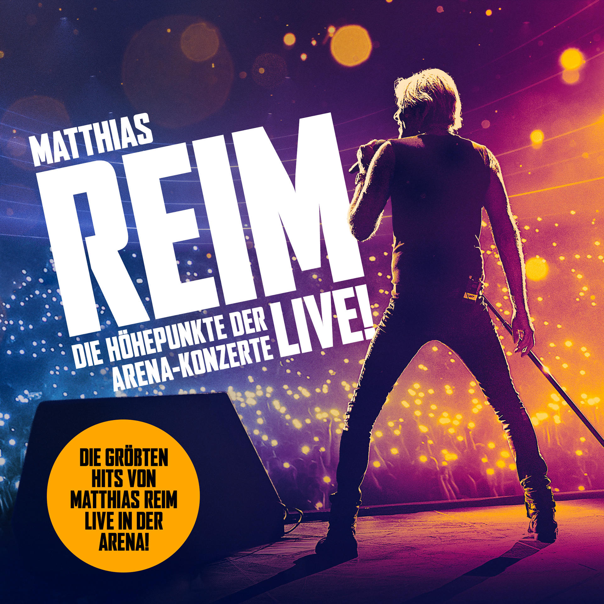 Albumcover: Mann singt auf der Bühne, mit Text 'MATTHIAS REIM LIVE!' und gelben Kreisen.