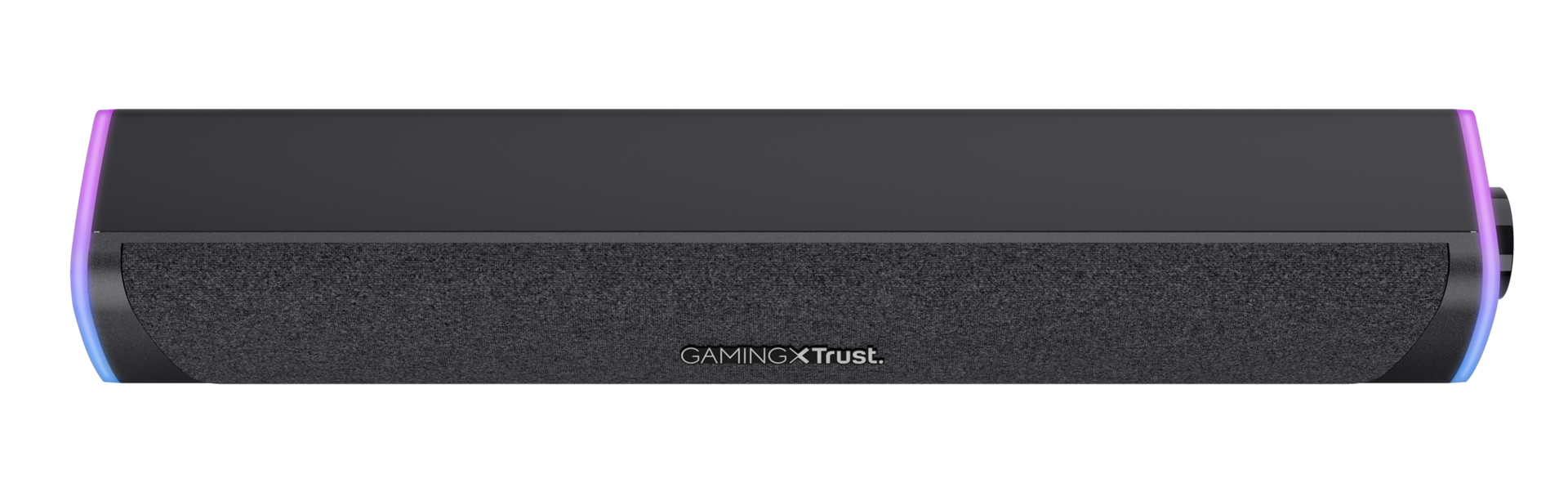 Egy fekete soundbar, rajta a GAMINGXTrust felirattal. Világító szélei vannak. A háttér fekete.