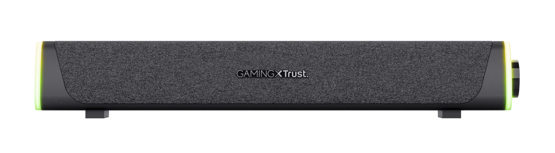 Gaming soundbar szürke szövettel, LED-ekkel mindkét végén és fekete alappal.