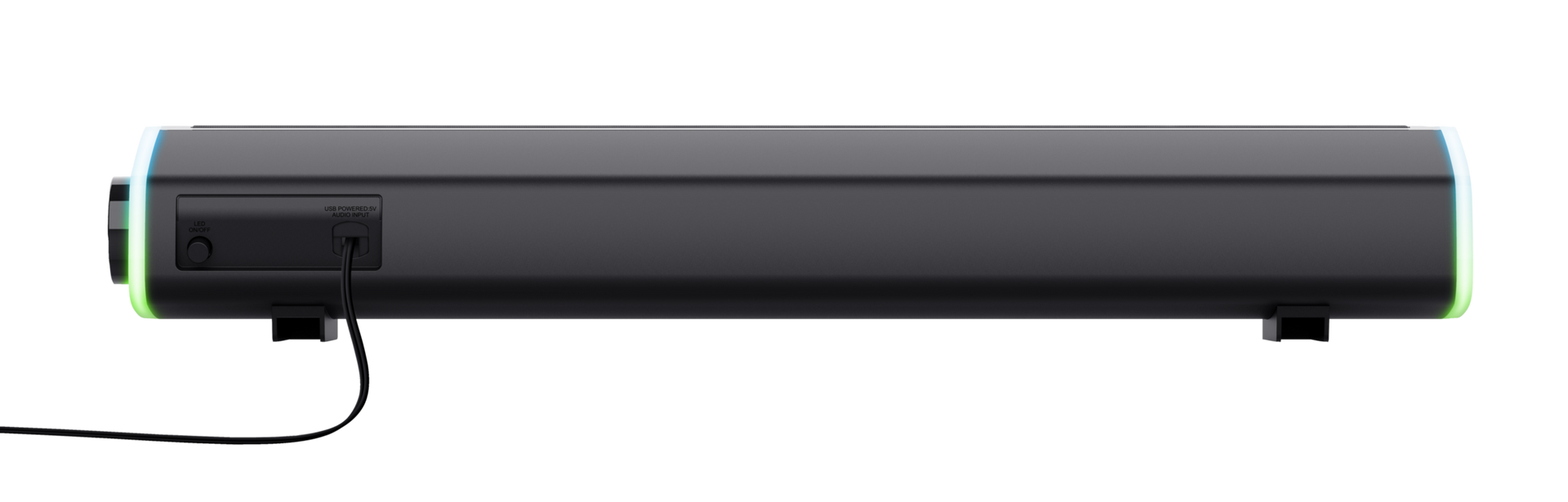 Fekete soundbar lámpákkal a végén, táp- és aux portok láthatók.