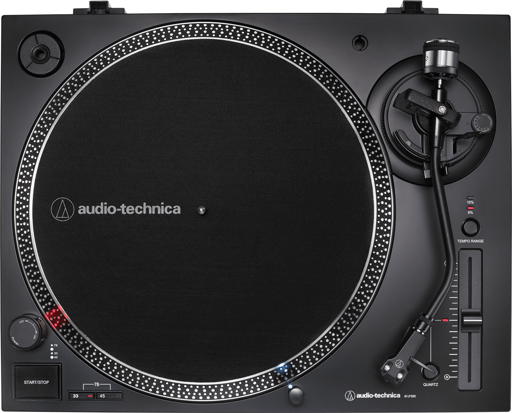 Fekete Audio-Technica AT-LP120XUSB lemezjátszó fekete szőnyeggel és a márka logójával.